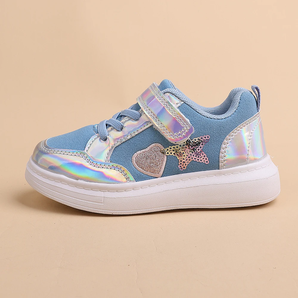COMFY KIDS Girls' Holographic Heart Star Sequin Sneakers, Soft Cushioned Non-Slip Hook-and-Loop Casual Shoes, Spring Autumn Ligh