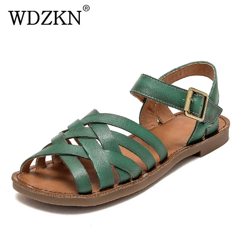 

Женские сандалии WDZKN на плоской подошве из натуральной коровьей кожи с перекрестными ремешками и пряжками, в ретро-стиле, повседневные, в римском стиле, с открытым носком