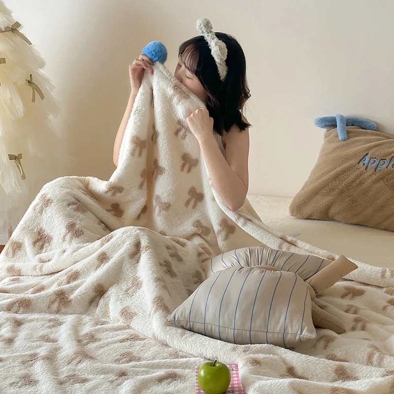 Ins Cute Pom Pom Bunny Fleece Blanket Colorful Polka Dot Double Sided Fluffy Soft Nap Throw Sofa Autumn Winter 320gsm 230gsm