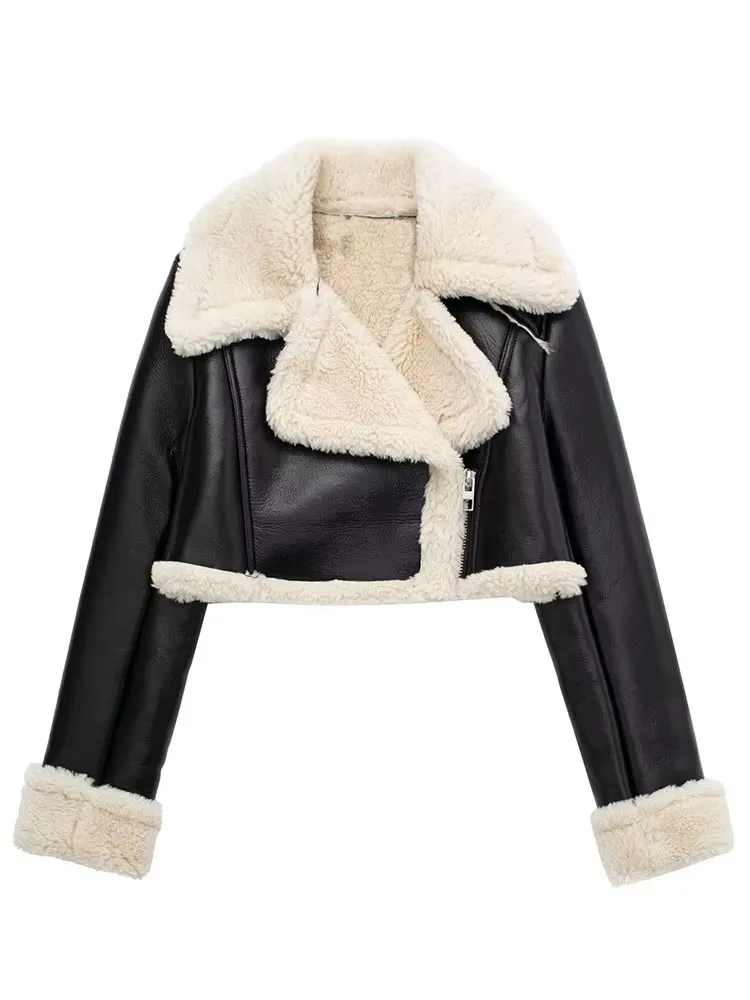 Autumn/winter New Style European American Double-sided Loose Fit Zippered Cropped Jacket Women's Leather One-piece jackets.