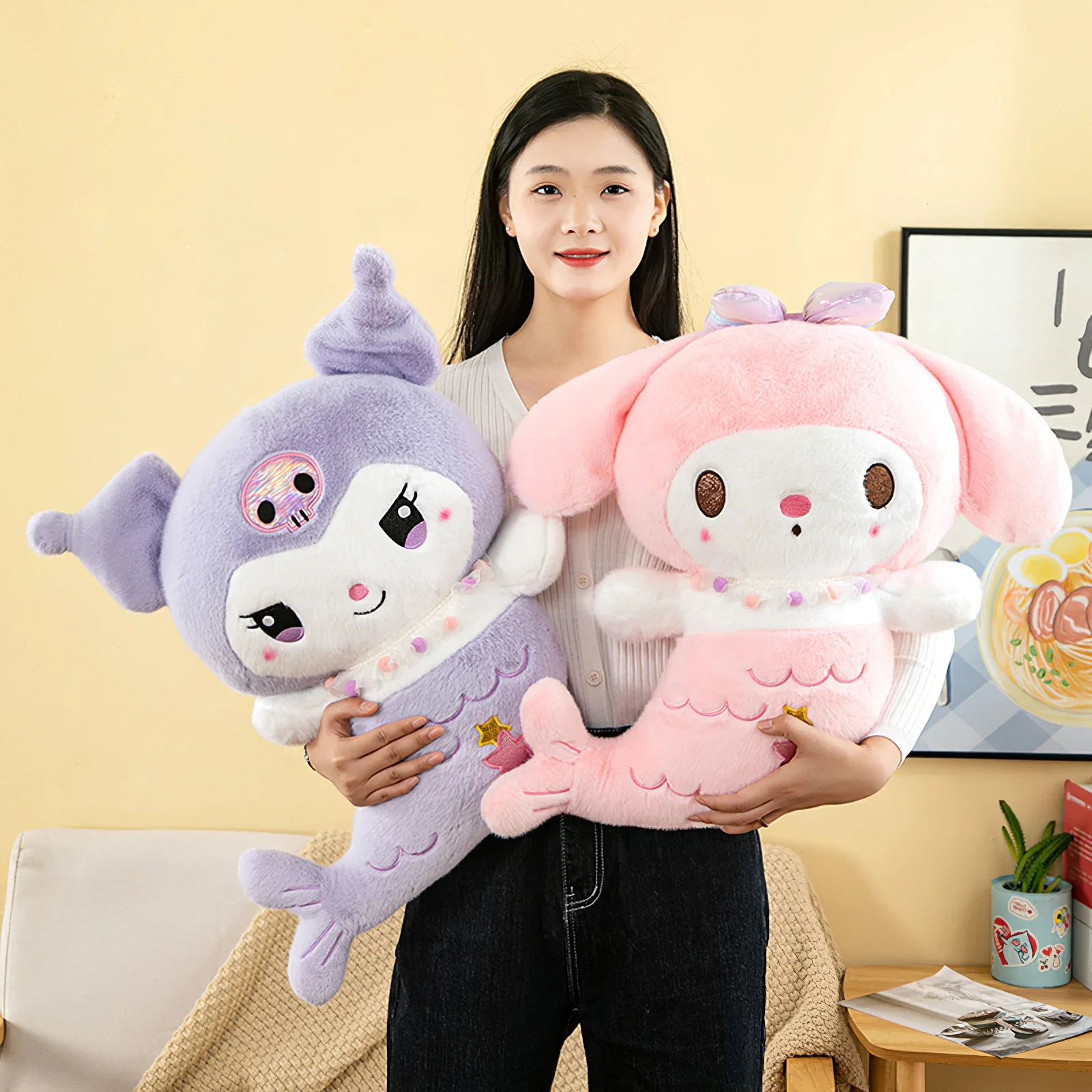 60cm Cute Sanrio Kuromi My Melody Plush Toy Kawaii Transformed Mermaid Plushies Soft Stuffed Doll Cushion Kids Bed Pillow Gift