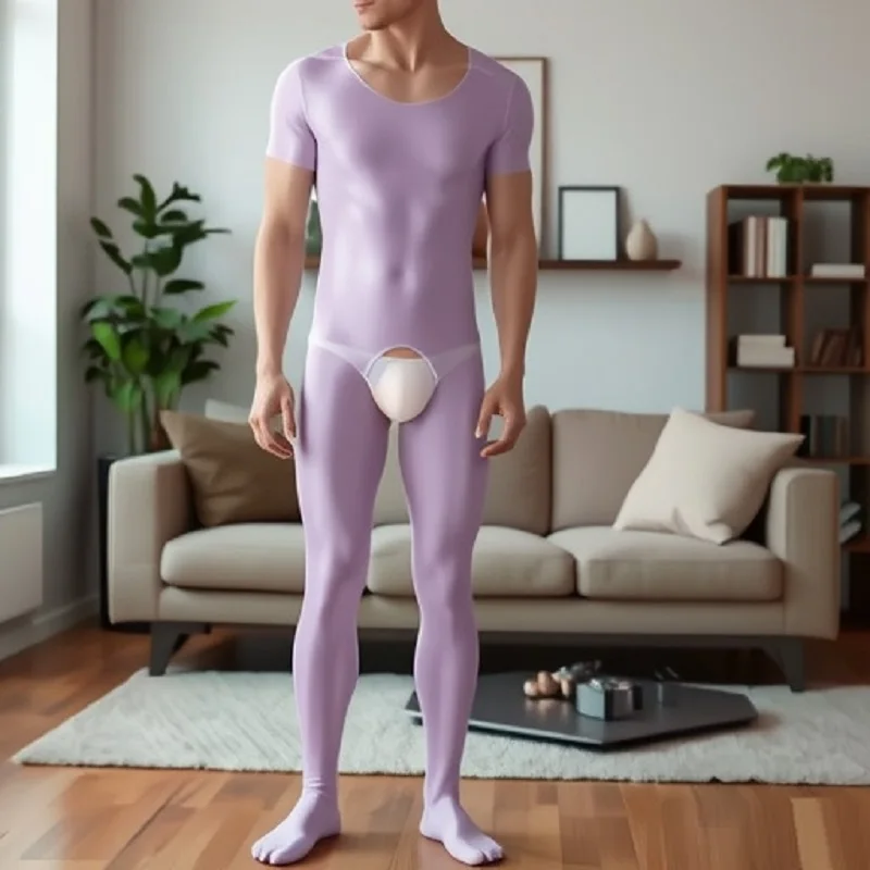 Men Open Crotch Bodystocking Glossy Thin Long Sleeve Jumpsuits Crotchless Round Neck Bodysuit Yoga Sports Fitness Underwear