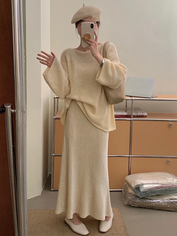 Vintage Patchwork Midi Skirts for Women Spring High Waist Solid Simple Fishtail Skirts Y2K Loose Streetwear Pleated A Line Skirt