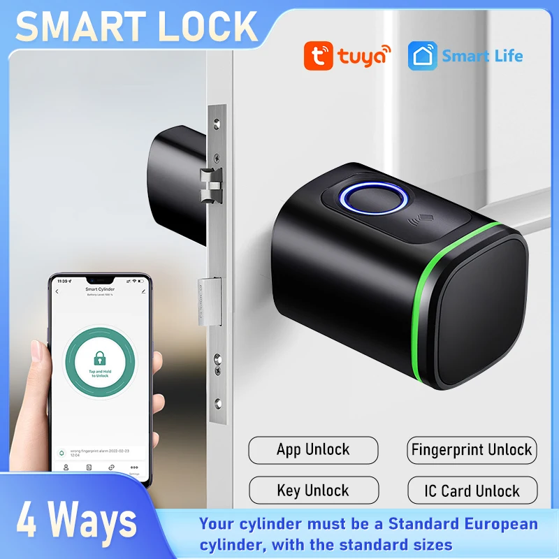 

European Cylinder Tuya Smart Fingerprint Lock,Supports IC Card/APP Remote Unlocking Via Bluetooth Gateway,Work With Smart Life