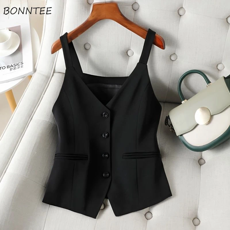 Women Black Vests Korean Fashion Button Cropped Vest Spring Elegant Temper Lady Sleeveless Outwear Vintage Feminine High Street