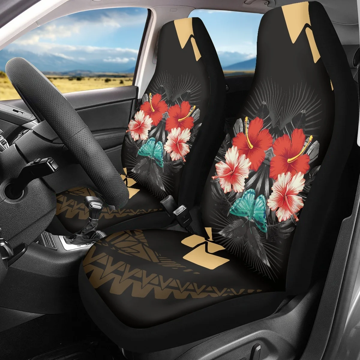 INSTANTARTS Kanaka Maoli Hibiscus Print Car Seat Covers Set Pack of 2 Universal Front Seat Protective Cover Easy To Intall 2023