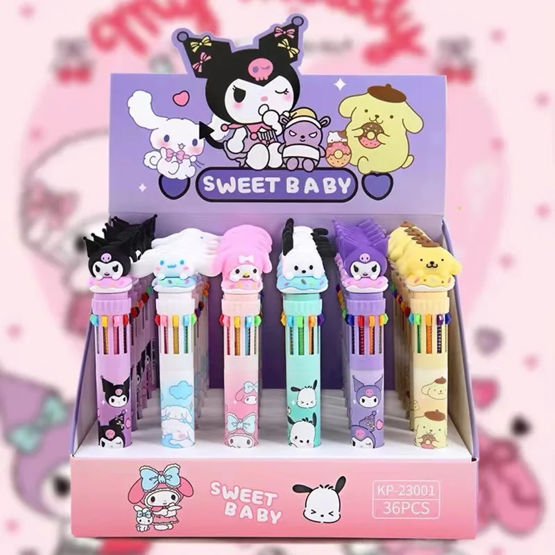 Sanrio Kawaii Press Ten Color Ballpoint Pen Cartoon Kawaii Kuromi My Melody Multi-color Students Painting Gel Pen Stationery