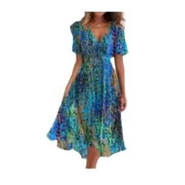 New 2025 Women's Loose Casual Comfortable V-ne Floral Print Dr Faionable A-line Skirt ort Sve round Ne Dr