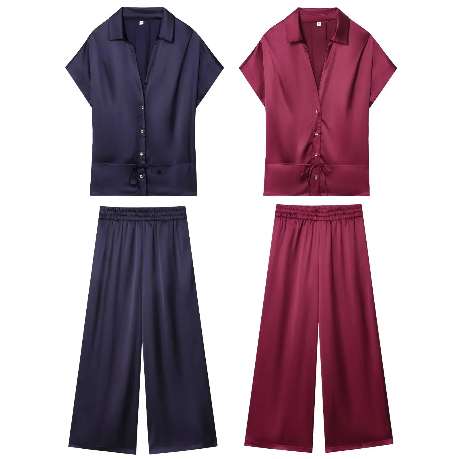 

2025 New Satin Texture Lapel Short Sleeve Shirt Drawstring Hem High Waist Elastic Wide Leg Pants Two Piece Set Women Outfit