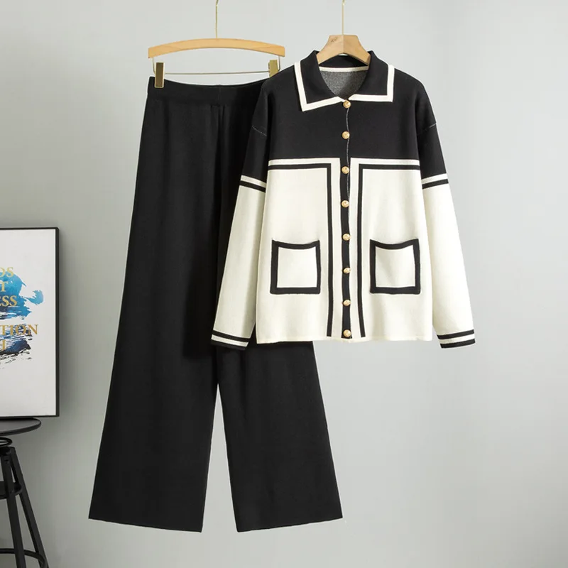 

Женский модный повседневный вязаный комплект контрастного цвета из 2 предметов, зимний женский комплект, новый свободный вязаный кардиган с однотонными длинными брюками B685