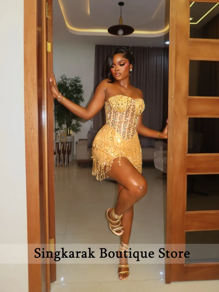 Gold Strapless Beaded Mini Prom Party Dress Black Girl Tassel Diamonds Gems Birthday Cocktail Party Hoco Gown Customized image 2