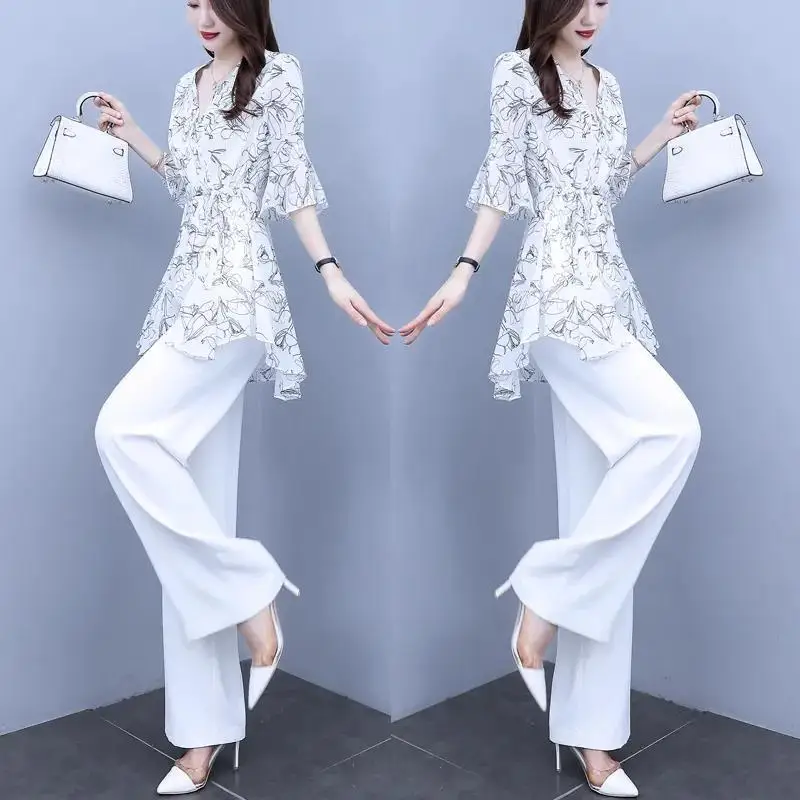 Two Piece Set For Women\'s Summer 2024 New High-End Fashiona Chiffon Beautiful Long T-Shirt And White Pant Suits Female Elegant