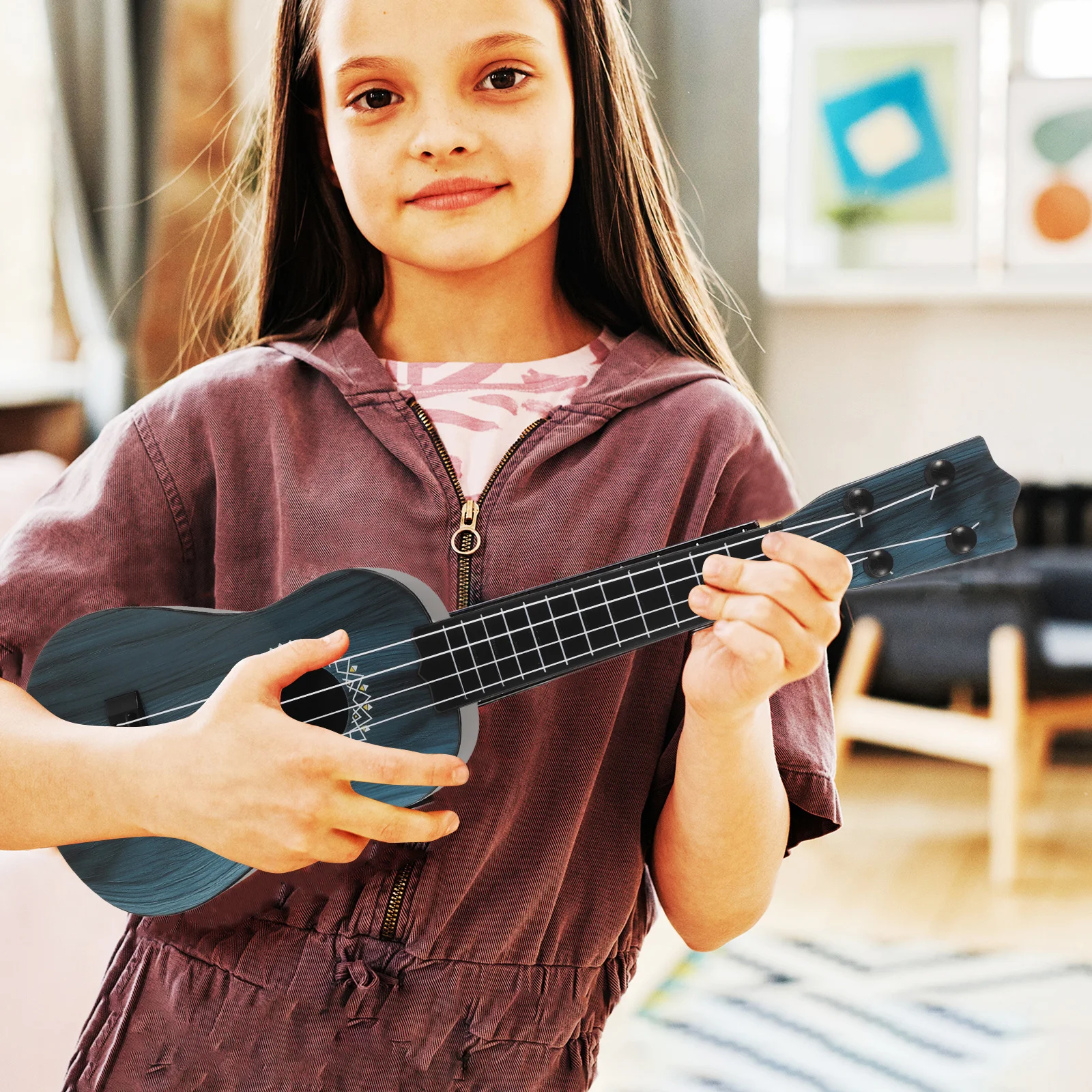 

1Set Round Hole Wood Grain Ukulele for Toddlers Mini Guitar Kids Musical Learning Instrument Realistic Design Resonant Sound