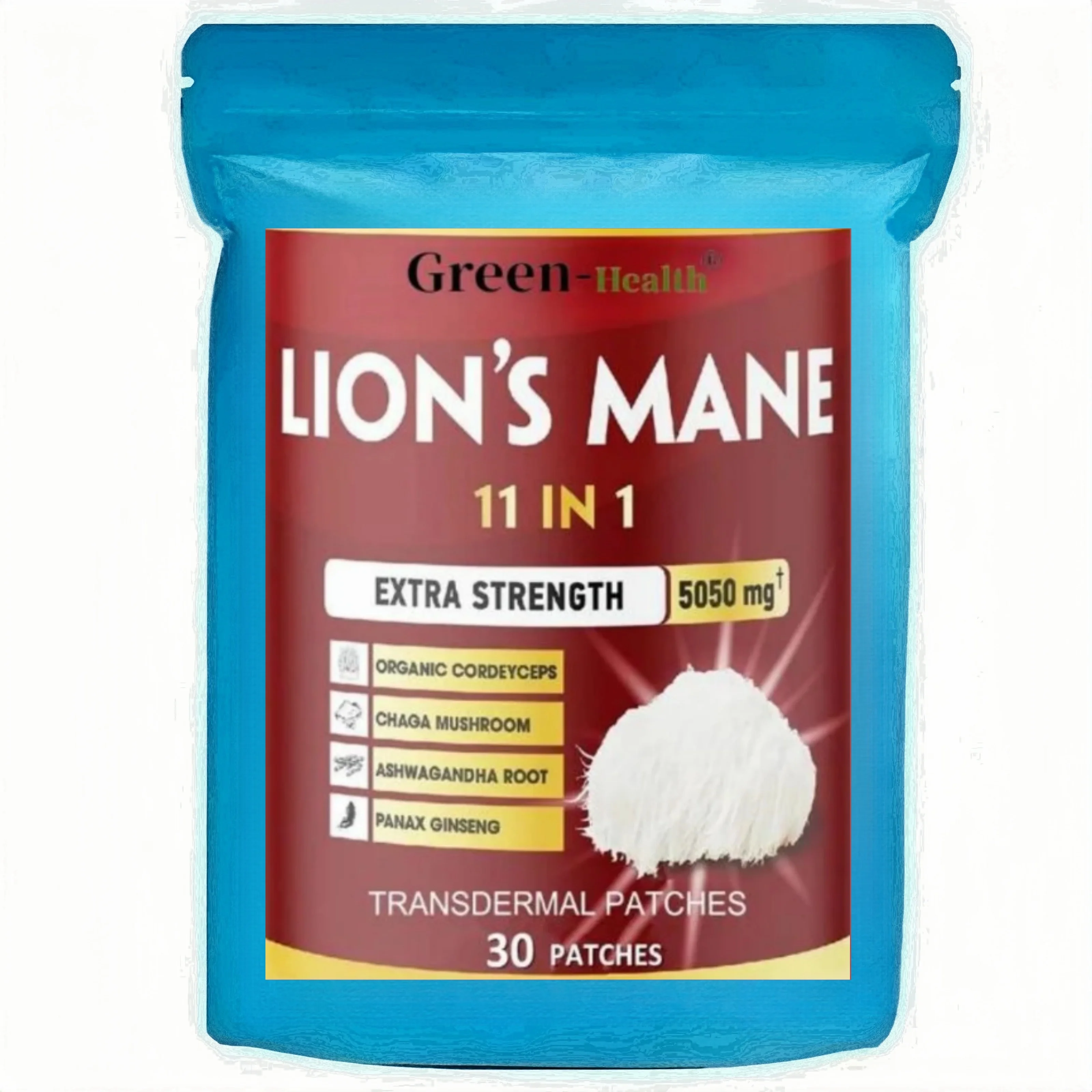 30 Patches11 In 1 Lions Mane Mushroom Transdermal Patches With Cordeyceps, Reishi, Ashwagandha Memory Brain Support