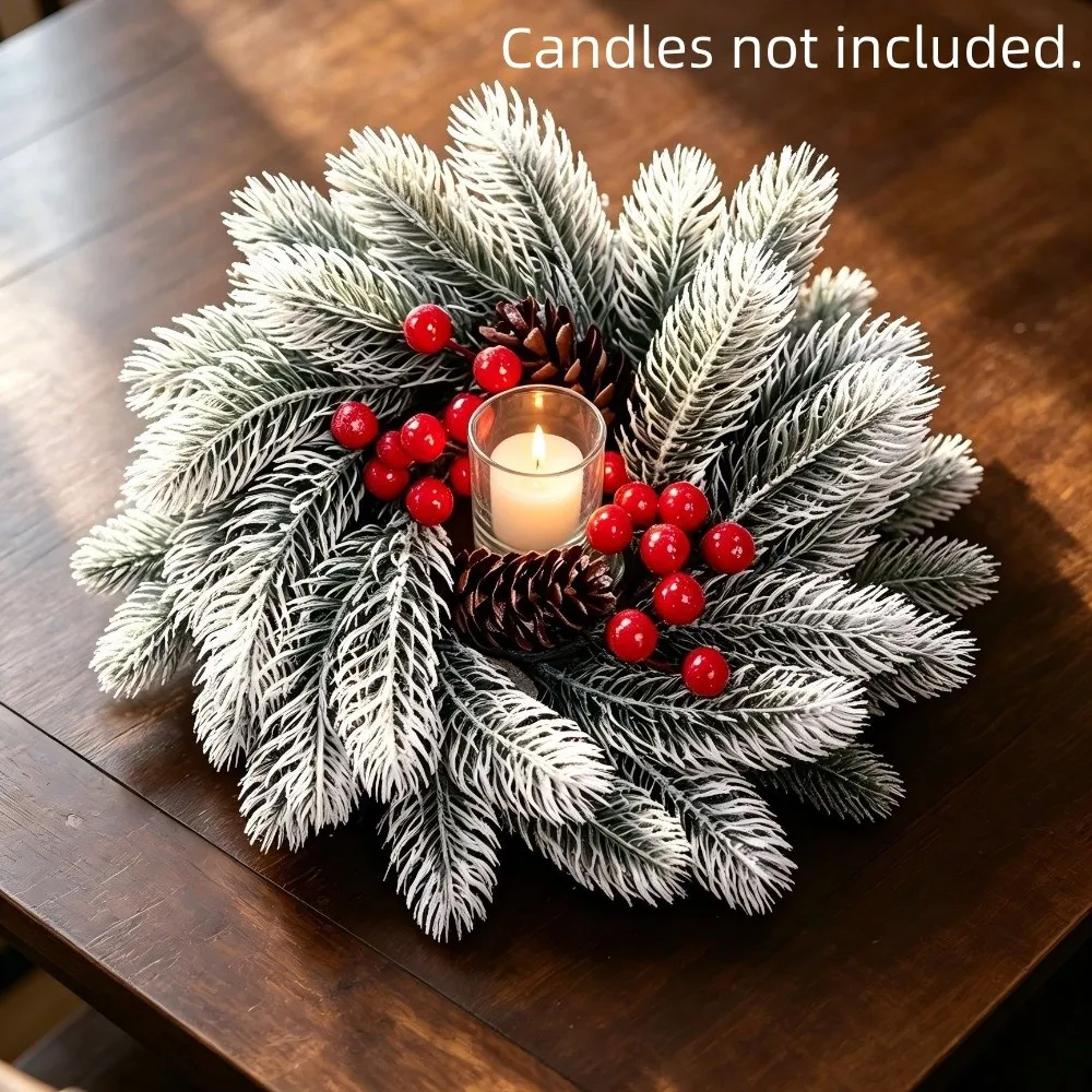 Simulated Christmas Wreath Candlestick Pinecone Pine Needle Red Berry Candle Wreaths Decorative Handmade Garland Candle Stand