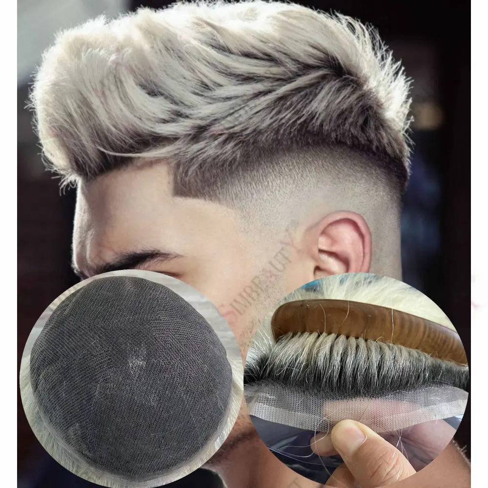

Мужской парик-накладка Ombre White Blonde на швейцарской кружевной основе, дышащий, из натуральных человеческих волос, 8x10 дюймов, протез для волос