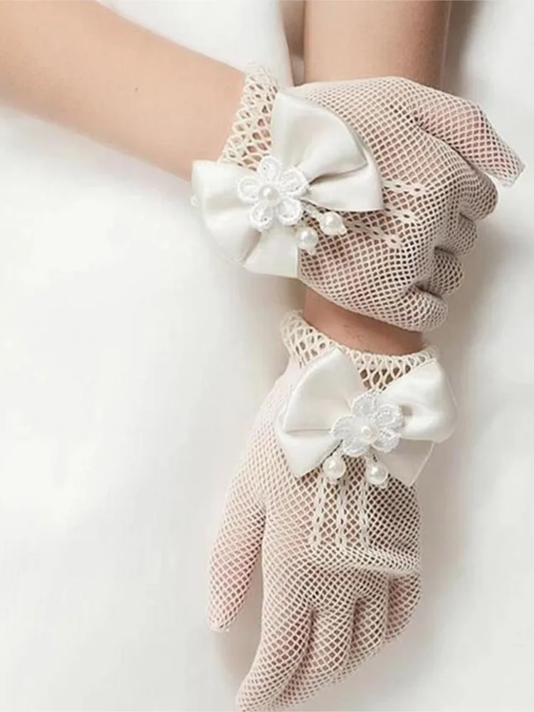 Gants de fête en dentelle pour enfants, en résille, avec perles, pour Communion, fleur, pour filles, avec nœud en maille à haute élasticité