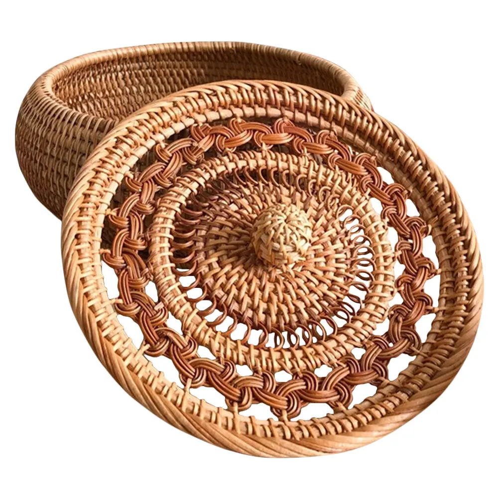 

Rattan Storage Box Handmade Candy Holder Fruit Snack Basket with Lid for Home Kitchen Decorative Organizer Rattan Storage Basket