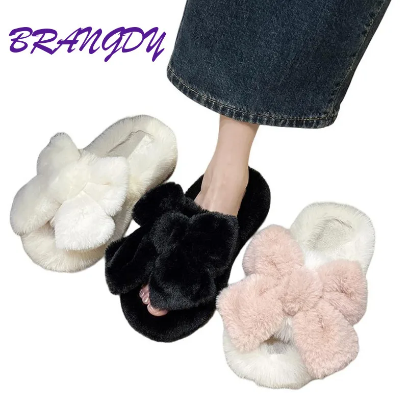 BRANGDY Autumn Winter Bow Slippers For Women Suitable For Indoor Home Outdoor Wear. Plush Anti Slip Thick Bottom Straight Drag