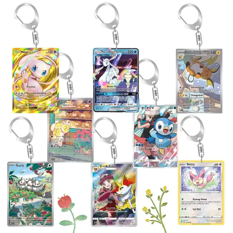 Llavero de acrílico de dibujos animados de anime para Mew, Raichu, Starly, Braixen, Skitty, Eevee, Evoluciones, Team Rocket, tarjeta hecha a mano, regalo