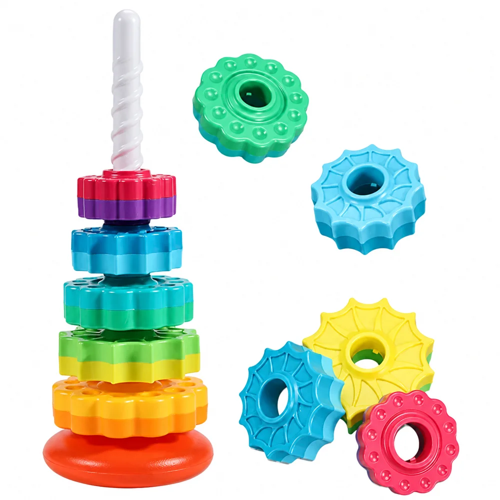 Children's Tesori Stacked Rainbow Tower Colorful Rotating Gear Ring Large Size Building Blocks Puzzle Educational Toys 1-3 Years