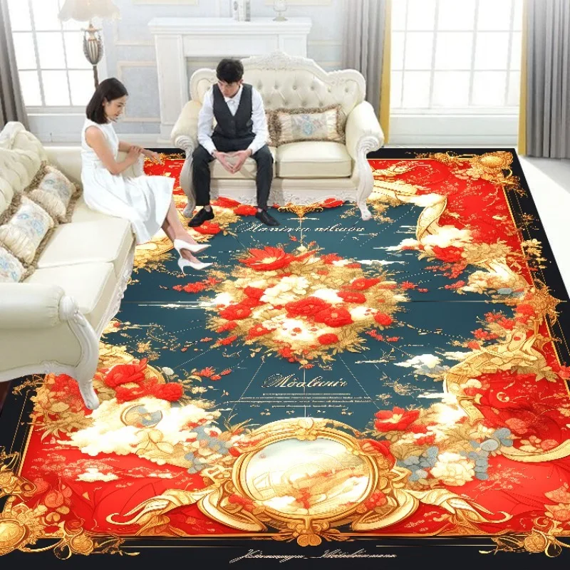 

Luxury European Living Room Decoration Carpets Red Golden Bedroom Bedside Decor Rug Sofa Table Beside Rugs Washable Floor Mat