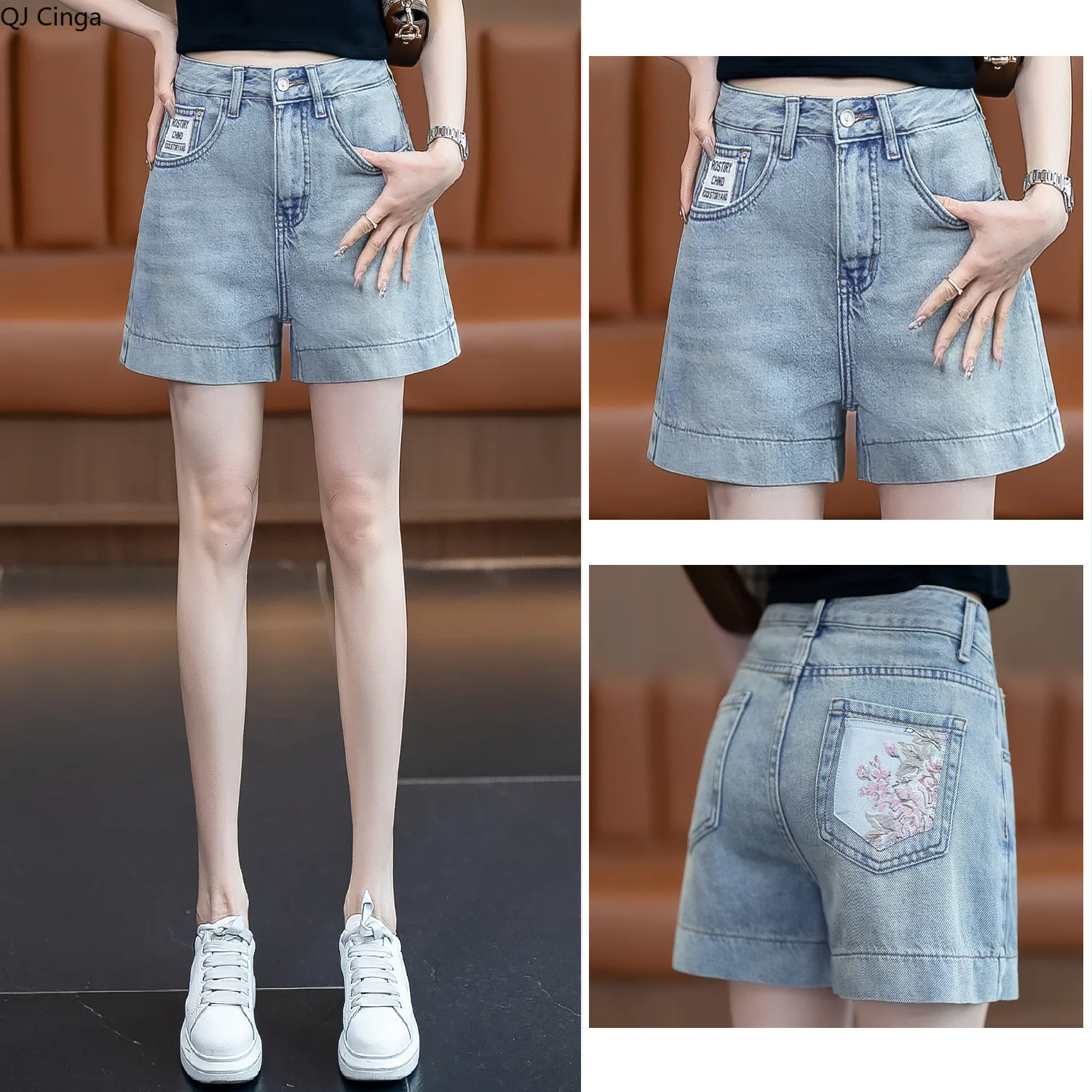 Light Blue Women's Wide-leg Denim Shorts, Summer Girls' Embroidered Casual Shorts, Asian Sizes S-3XL.