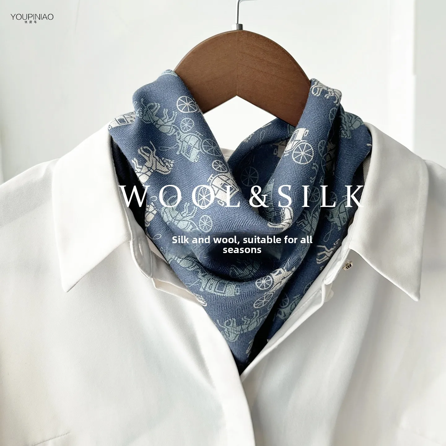 両面シルクウールスカーフ女性用暖かいネックウォーマースカーフブルートーン春秋冬新作高級感スクエアスカーフ