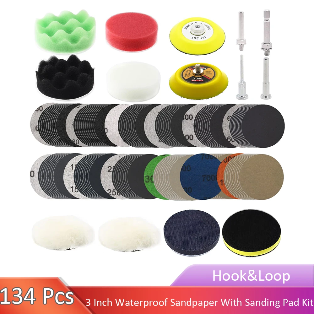 134Pcs 3Inch Sandpaper Drill Polishing Kit Wet  Headlight Restoration 60-10000Grit Hoo&Loop for Car Wood Metal Glass