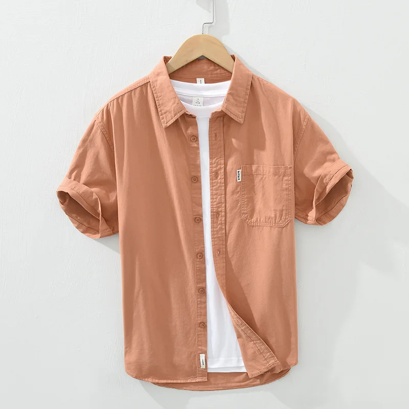 Mens Button Up Shirt Short Sleeve Pure Cotton Turn-down Collar Casual Shirts Male Solid Regular Summer New Korean Clothes