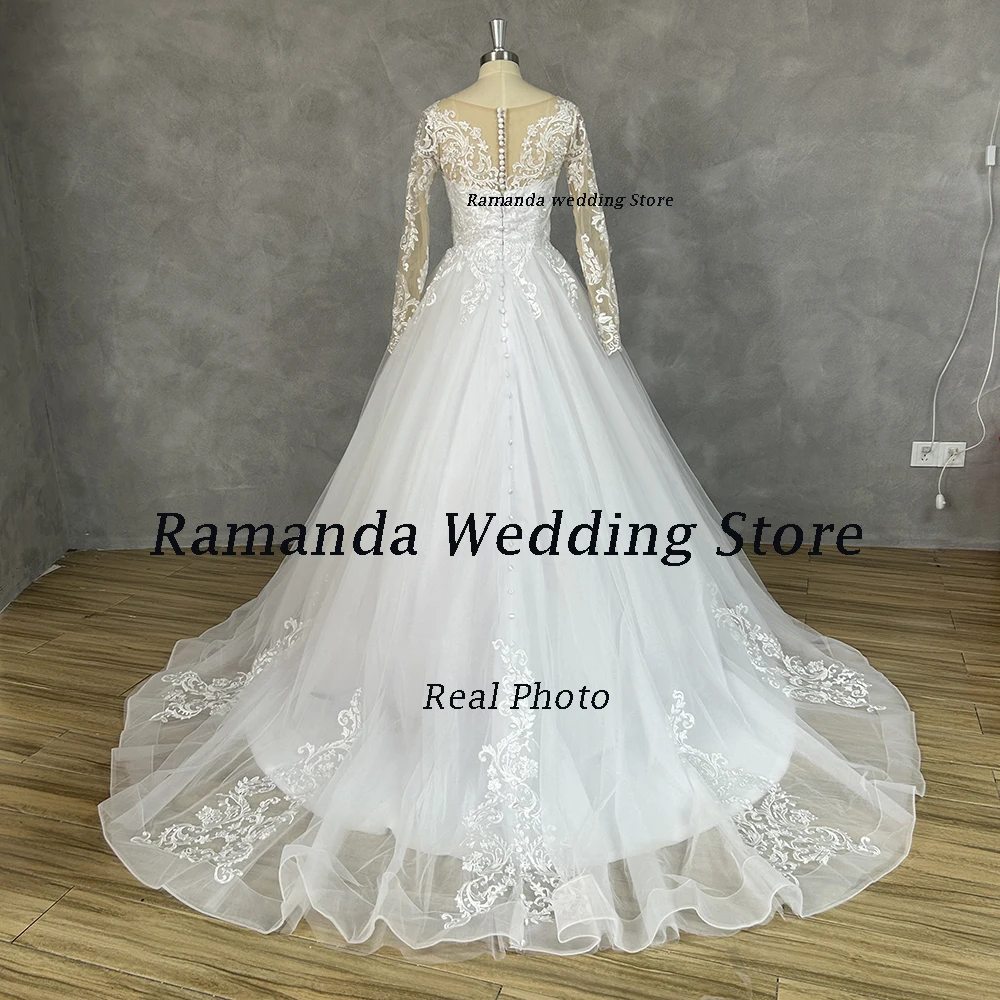 Ramanda Boho Lace Tulle Wedding Dress 2025 Princess A-Line V-Neck Long Sleeve Applique Illusion Backless Bridal Gown Customized