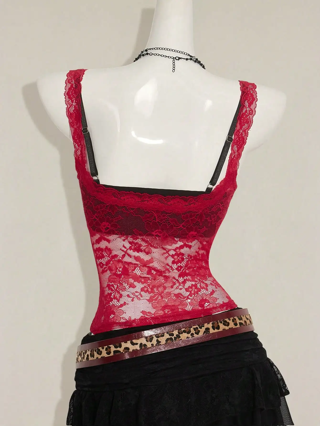 Red Lace Semi-Sheer Camisole, Paired with Black Lace Spaghetti Strap Top, Sexy 2-Piece Layered Set for Women