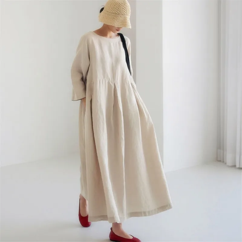 

Loose Cotton Linen Round Neck Pullover Solid Color Long Dress