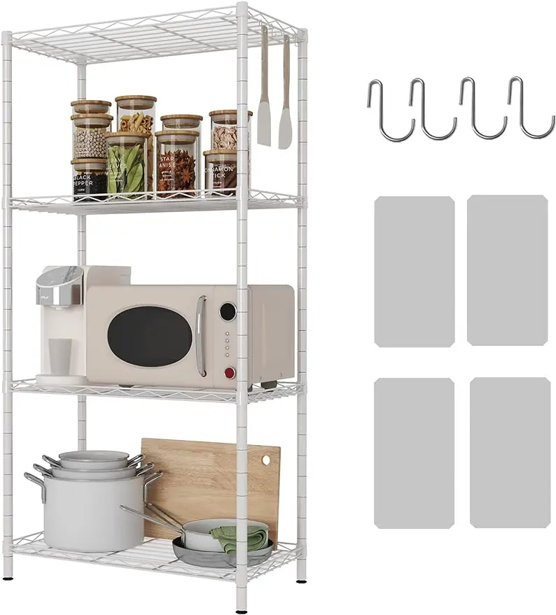 4-Shelving Unit Adjustable Wire Shelving Metal Wire Shelf with Shelf Liners and Hooks for Kitchen Closet Bathroom