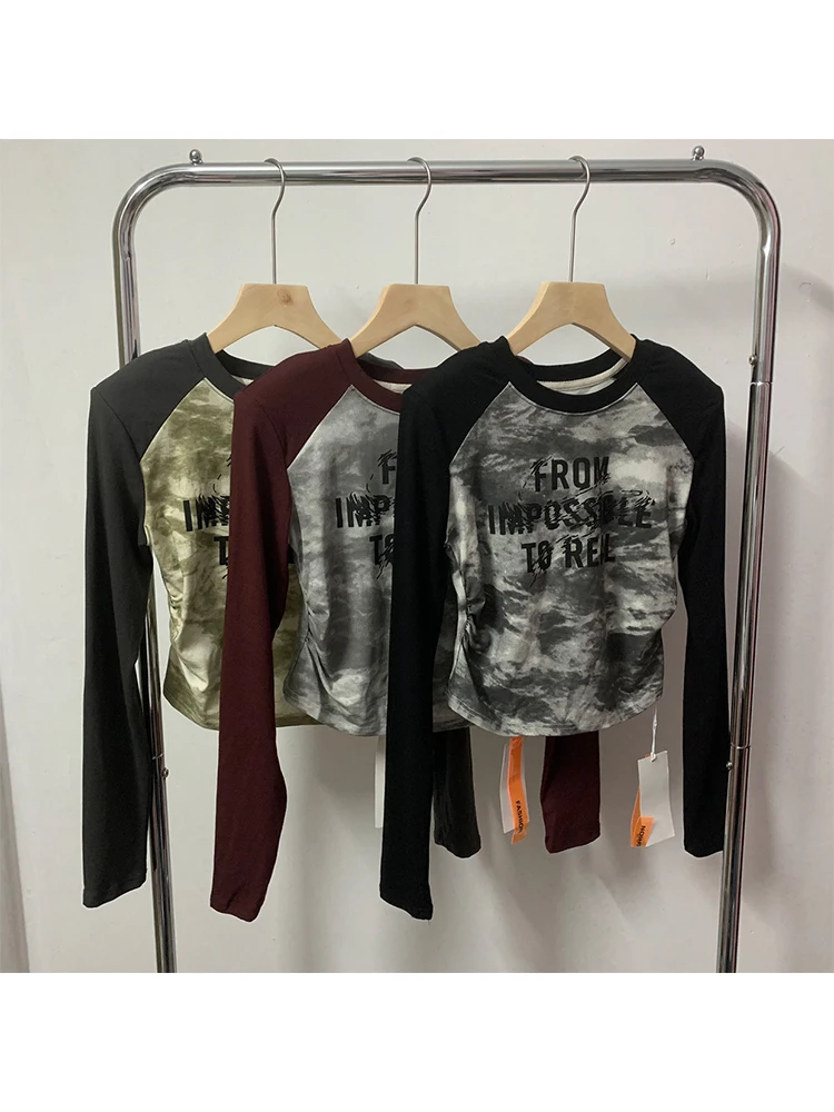 

Autumn Women American Vintage Grunge Contrast Color T-Shirts Print Tees Long Sleeve Graphic Crop Tops Gyaru Y2k Streetwear 2000s