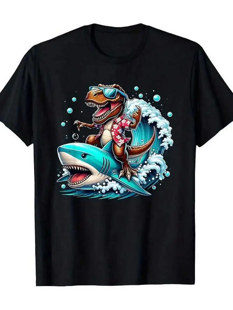 1Pc Kids' Dinosaur Shark Surfing Print Black T-Shirt Crew Neck Casual Tee Medium Stretch Regular Fit For Boys Girls Children