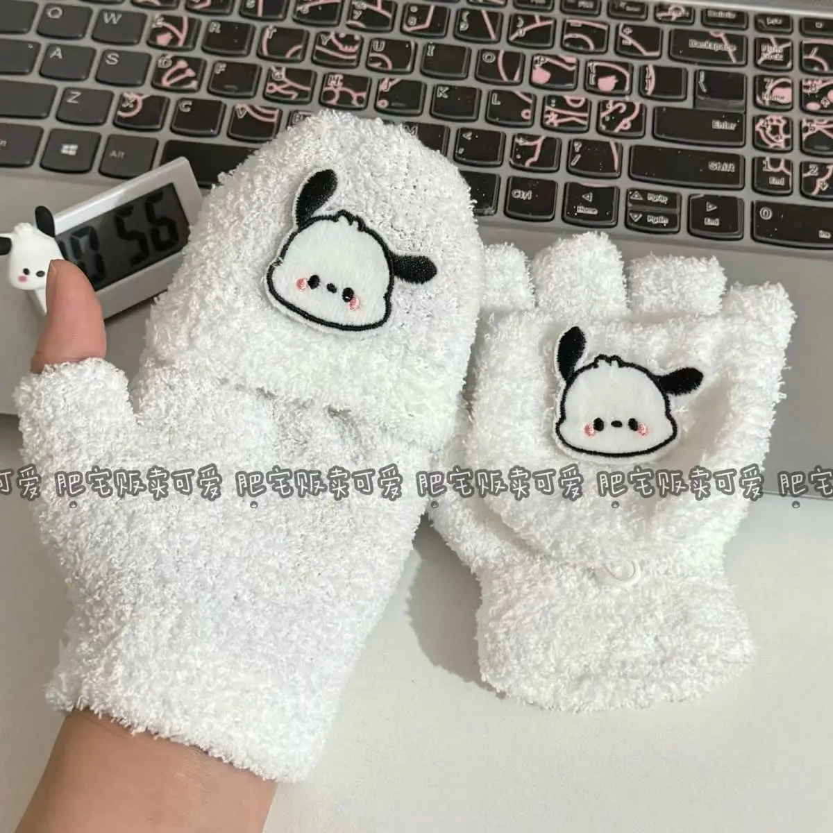 Sanrioed Hello Kitty Anime Cartoon Gloves Ins Kawaii Thickened Cold-Proof and Warm Cycling Half-Finger Plush Gloves Holiday Gift