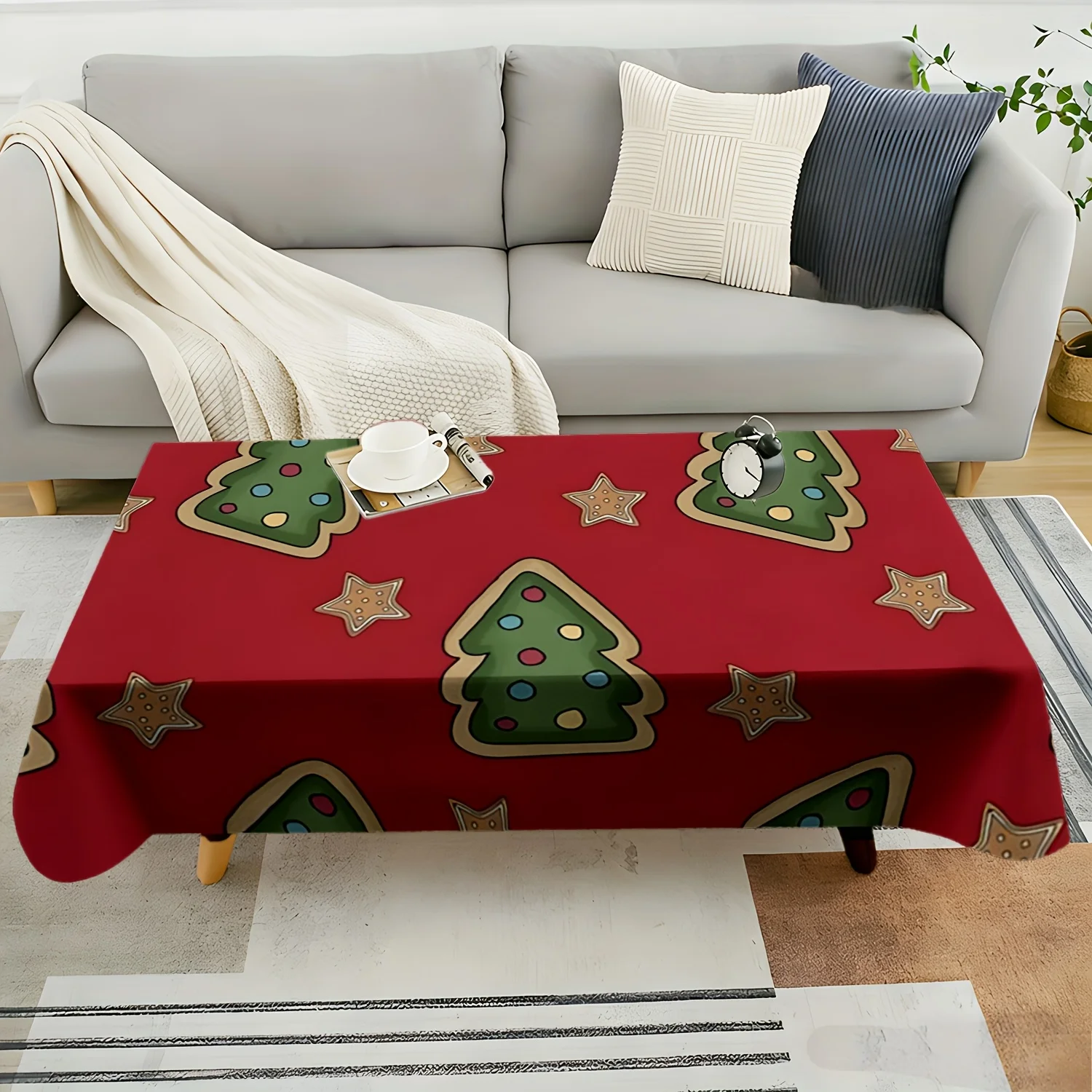 Red Christmas Tablecloth, Gingerbread Tree Star Cookie Print Rectangular Washable Table Cover for Dining Table & Xmas Holiday
