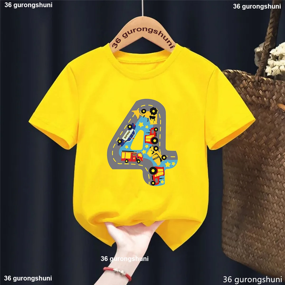 

4th Birthday Car Print Tshirt For Girls/Boys Funny Tractor White/Yellow T Shirt Kawaii Kids Clothes Summer Tops Fashion T-Shirt