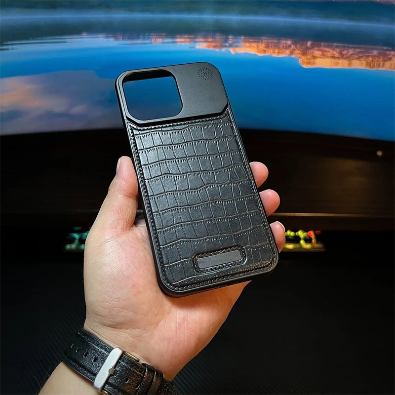 For iPhone 14 Pro Max Metal Aluminum Alligator Skin Pattern Phone Case For iPhone 15 Pro Max Magnetic Aromatherapy Protective image 5