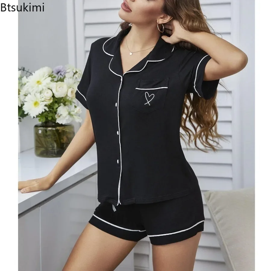 2026 Summer Pajamas Solid Color Loungewear Set Cardigan Short-sleeved Shirt Shorts Two Piece Women's Pijama Mujer Home Sleepwear