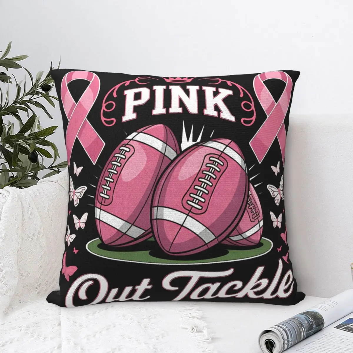 Pink Out Tackle Breast Cancer Awareness Football Square Pillow Covers Room Cushion Cover Cool Decor Throw Pillow Case 40*40