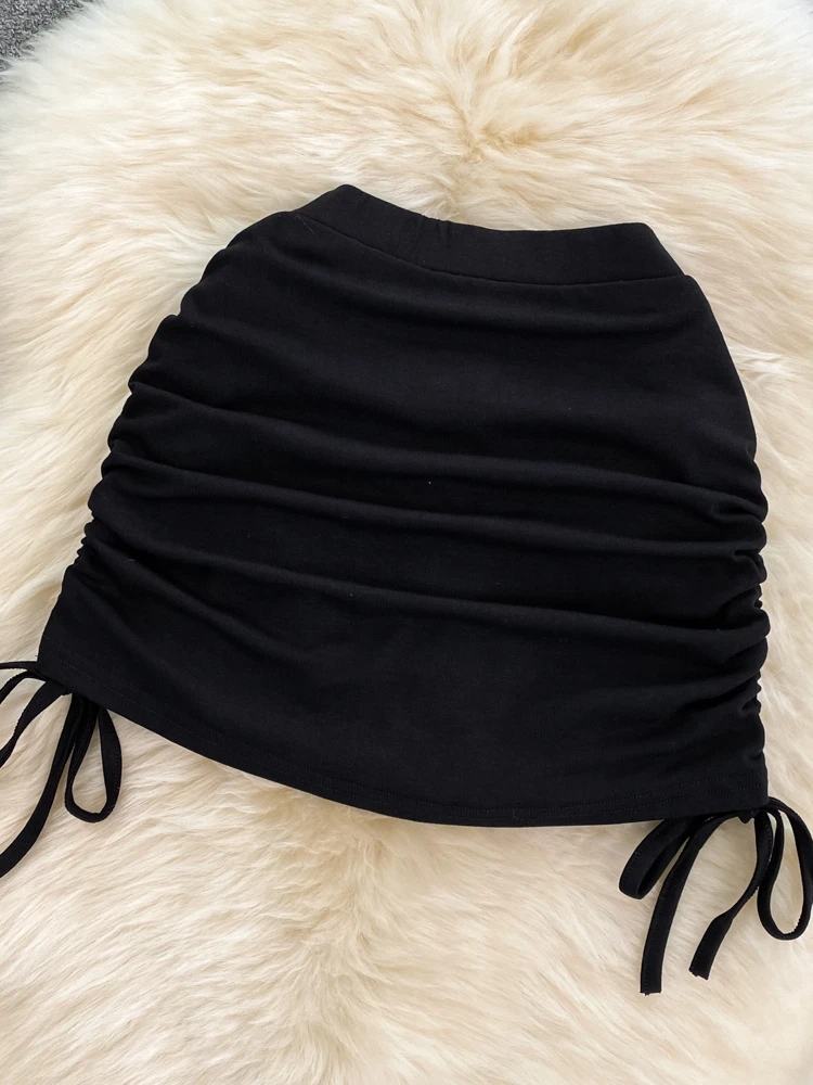 

Summer Slimming Sexy Pleated Rope Dstring Fitn Women's Skirt High Waist A-Line ort Skirt Korean Sle Commute Pure Color