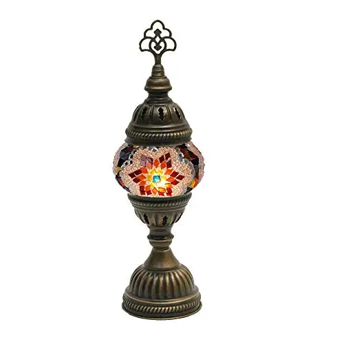 LaModaHome English Moroccan Handmade Mosaic Glass Table Lamp Light with Decorative Dark Copper Fixture for Bedroom, Livingroom a