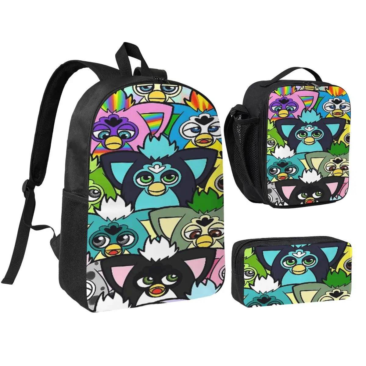

Nightmare Furby Cartoon Robot Toys Backpack Student BookBag School Bag Shoulder Bags 3ps Insulated Lunch Bag Pencil Case