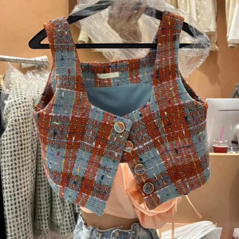 Korejpaa Waistcoat Women 2024 Early Autumn Retro Checkered Fashion Square Neck Buckle Versatile Vest Coat Elegant Short Clothes