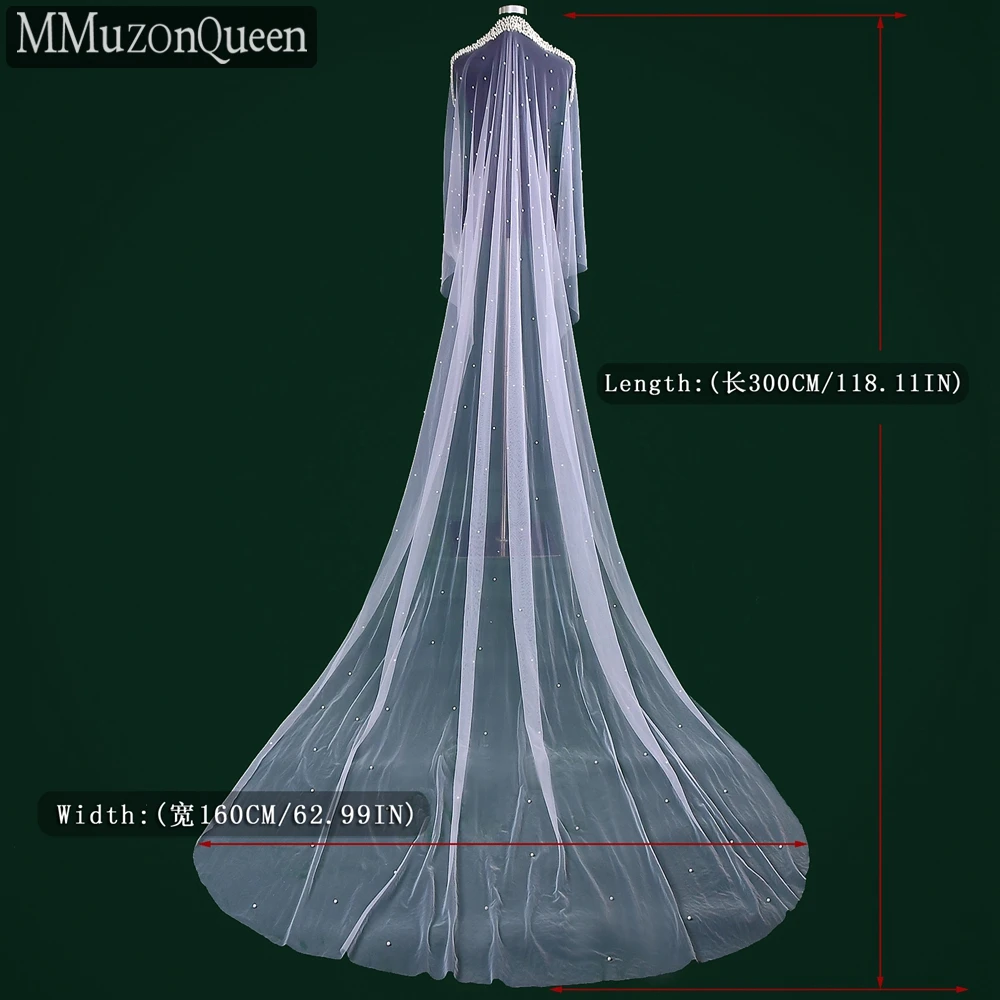 MMQ M29 velo da sposa con perline lunghe bianco morbido Tulle un strato elegante cattedrale perle da sposa veli accessori da sposa