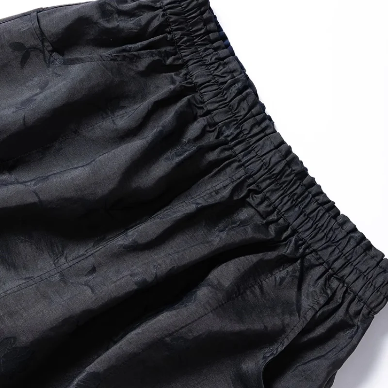 Birdtree Women's 100% Mulberry Silk Reversible Shorts,Jacquard Craquelure Elastic Waist Black Loose Shorts,2025 New P56631JF