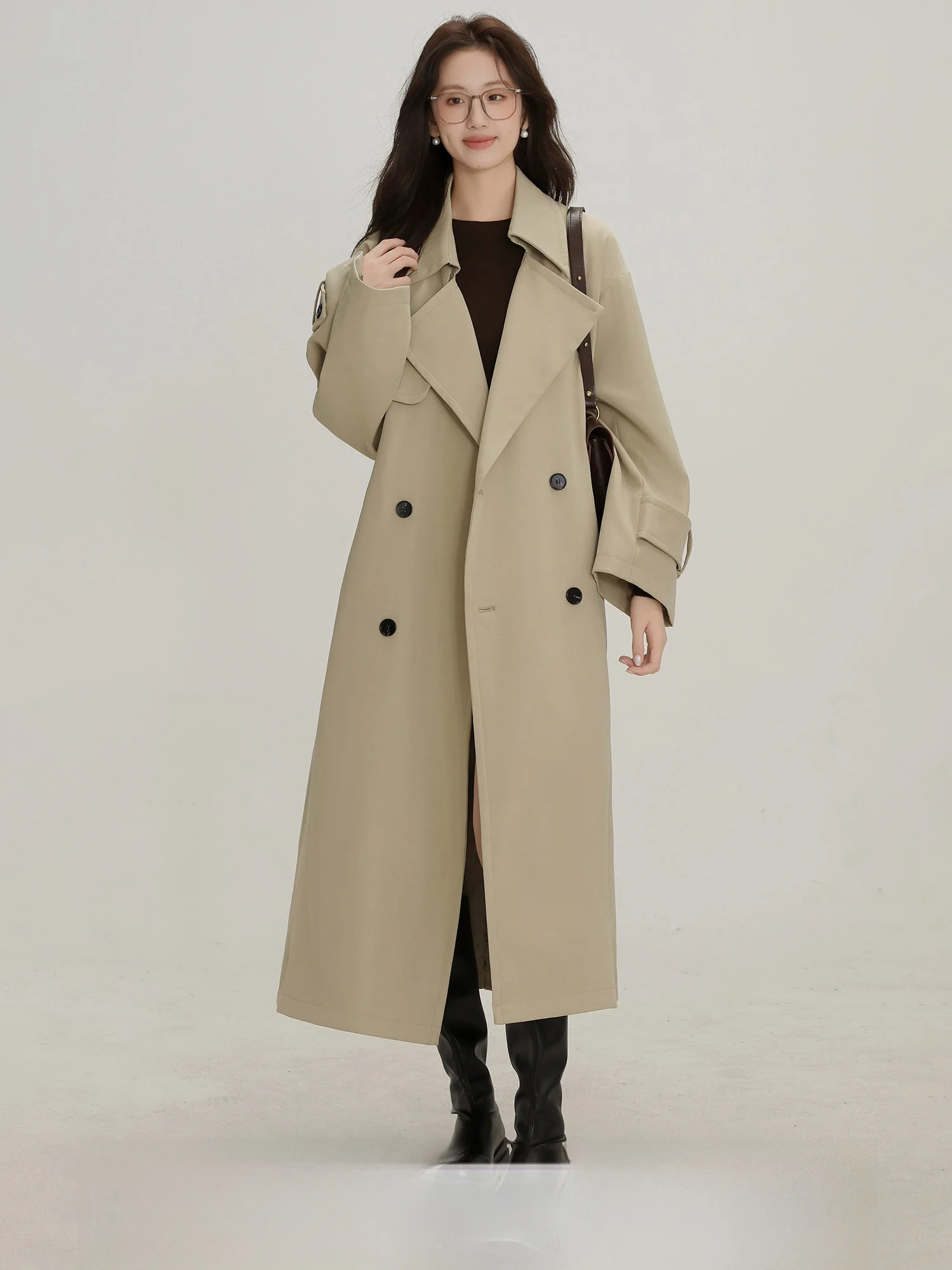 

Kaki Color British Style Coat Three Inches Lotus 2026 Spring Medium Length Warmth Outerwear Casual Commute Polyester Fiber