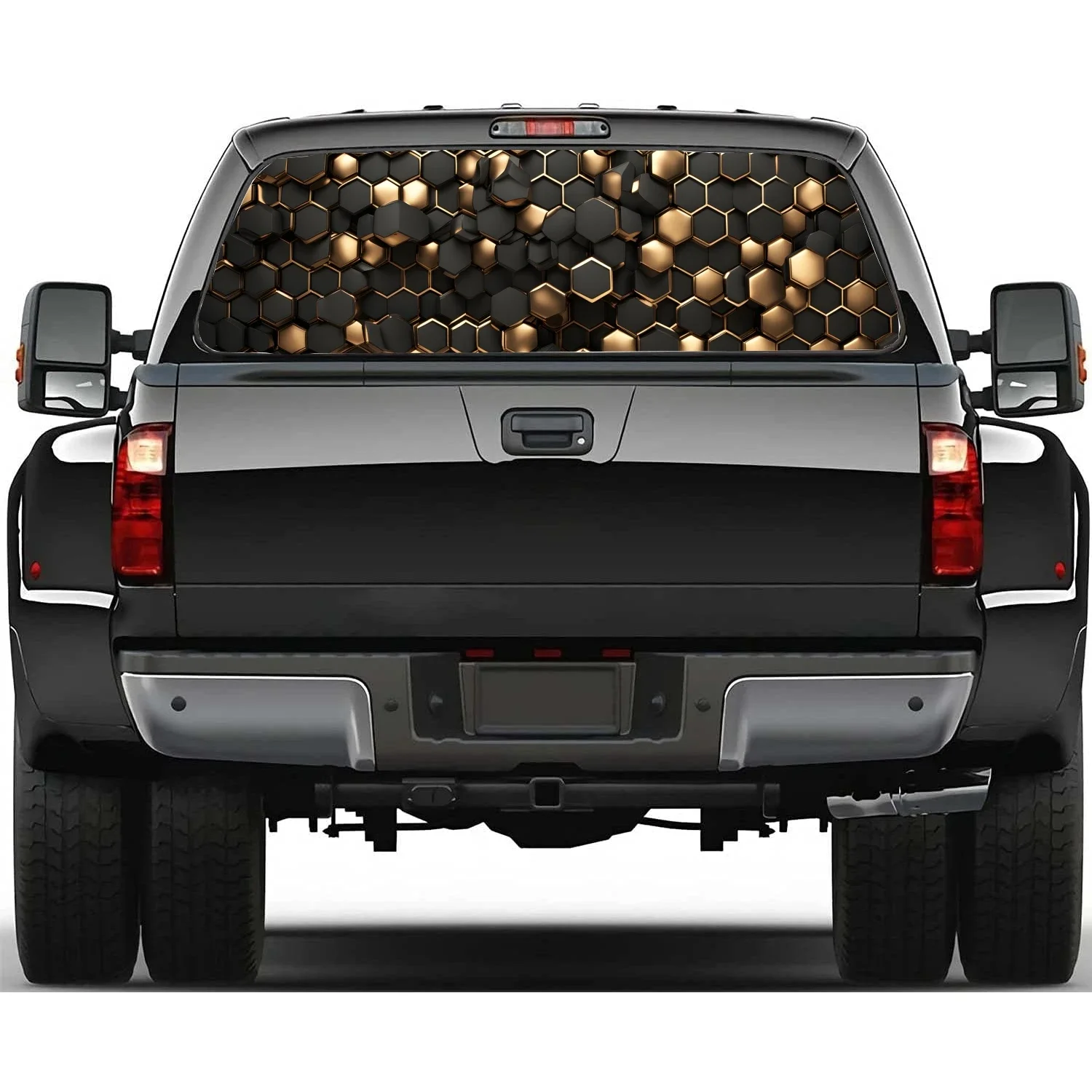 Abstract Golden Hexagonal Rear Window Decal Fit Pickup,Truck,Car Universal See Through Perforated Back Windows Vinyl Sticker